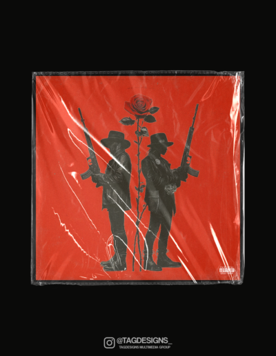 a red square with two men holding guns